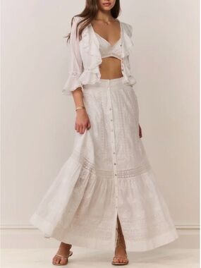 LoveShackFancy Alessia White Button-Front Maxi Skirt Elegant Lace Panel size 00